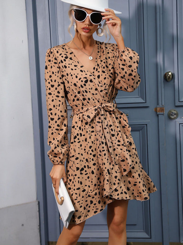 Women's long-sleeved v-neck lace-up leopard print bottoming dress