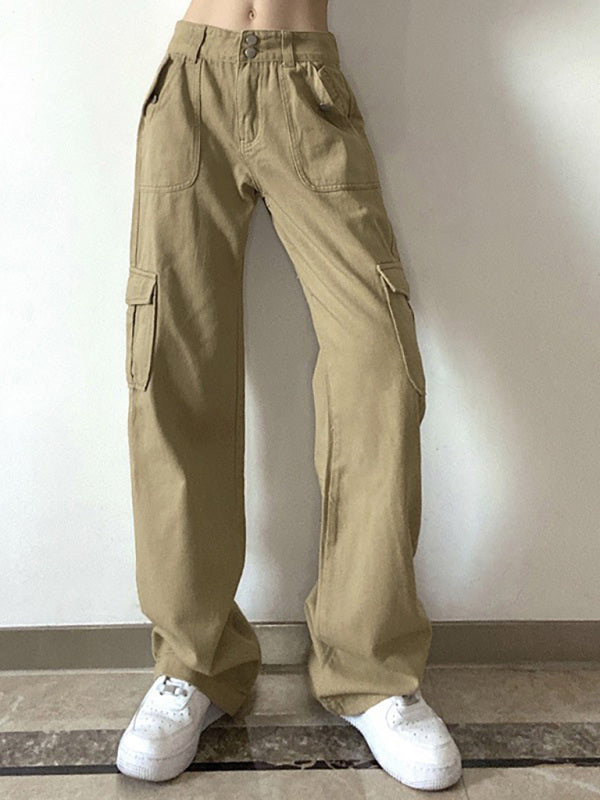 Women's loose big pocket two button waist straight pants