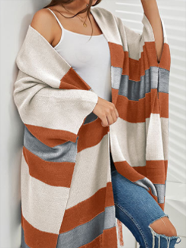 Women's Striped Fringe Knit Shawl Sweater