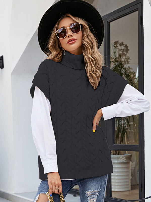 महिलाओं की टर्टल नेक कंट्रास्ट केबल बुना स्वेटर आस्तीन पर शर्ट बनावट के साथ जोड़े