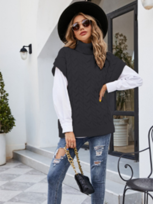 महिलाओं की टर्टल नेक कंट्रास्ट केबल बुना स्वेटर आस्तीन पर शर्ट बनावट के साथ जोड़े