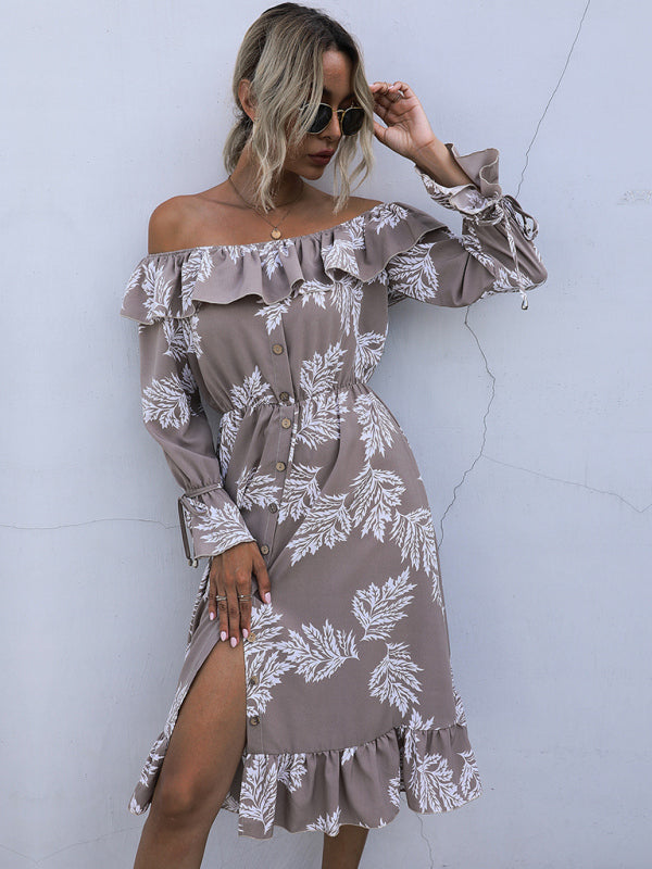 Women strapless one-piece collar long-sleeved printed thin dress