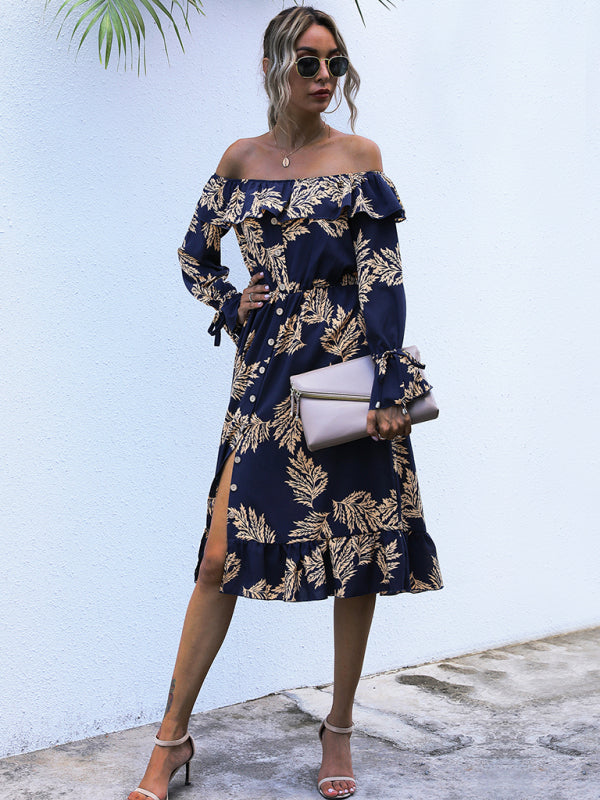 महिलाओं के लिए स्ट्रैपलेस वन-पीस कॉलर लंबी आस्तीन वाली मुद्रित पतली पोशाक