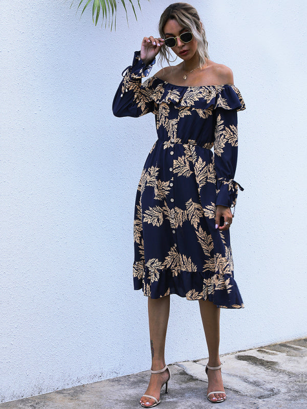 महिलाओं के लिए स्ट्रैपलेस वन-पीस कॉलर लंबी आस्तीन वाली मुद्रित पतली पोशाक