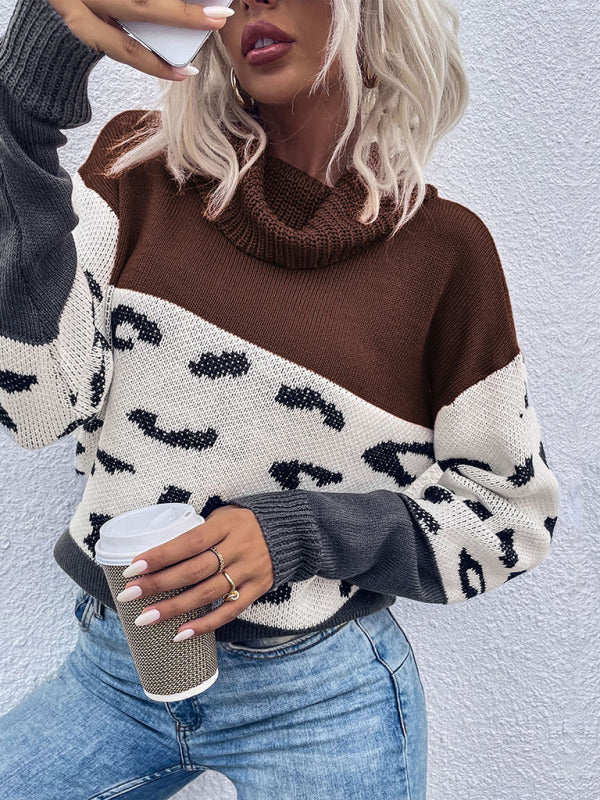Women's leopard print collision color pile collar long sleeve pullover sweater