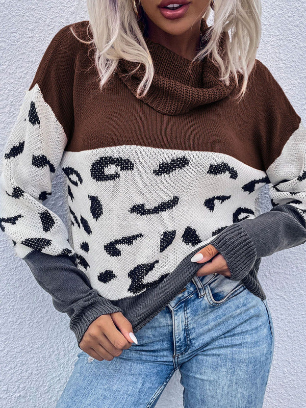 महिलाओं के लिए लेपर्ड प्रिंट कोलिजन कलर पाइल कॉलर लंबी आस्तीन वाला स्वेटर स्वेटर