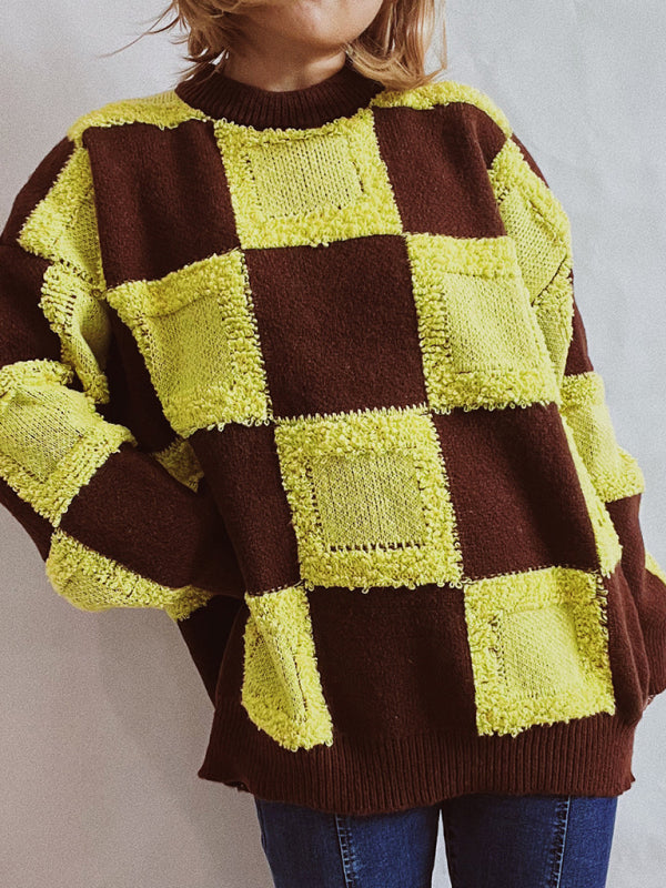 Casual Checkerboard Colorblock Crewneck Long Sleeve Sweater