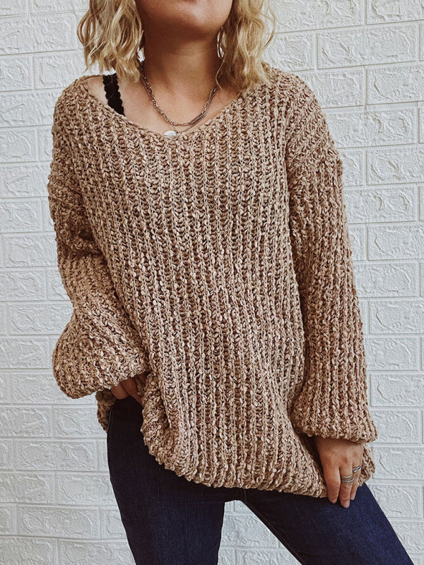 V-Neck Drop-Shoulder Sleeve Knit Sweater