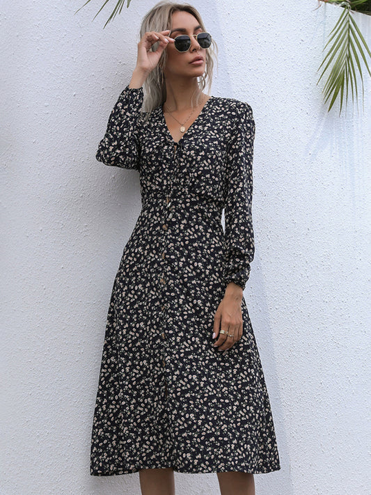 महिलाओं की रैप वेनेक बटन डाउन सुंदर फ्लोरल हाई कट मैक्सी ड्रेस लंबी आस्तीन के साथ