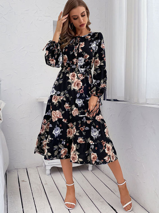 Women's flower print long-sleeved dress