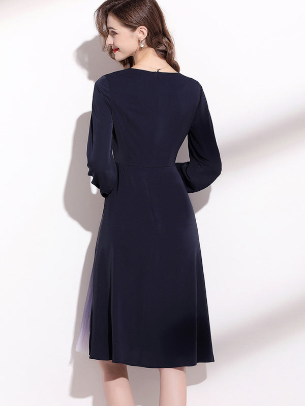 महिलाओं की वी-गर्दन लंबी आस्तीन मेष पैनल मिडी ड्रेस