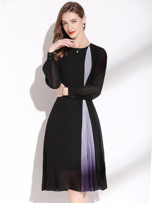Women’s Aline Sheer Sleeves Vertical Contrast Strip Dress