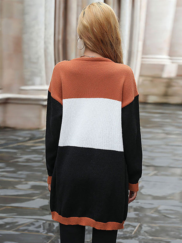 Women's long sleeve color blocking sweater cardigan