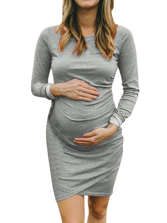 Round neck long sleeve solid irregular pregnant women's dress