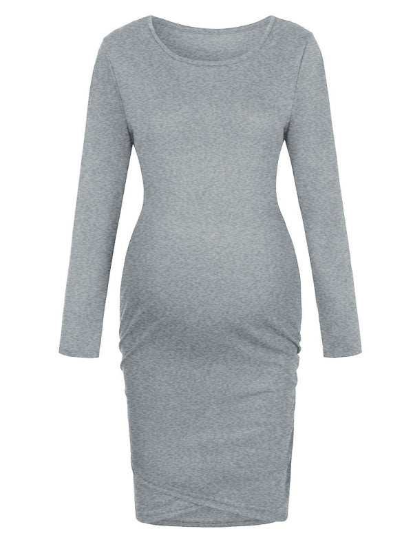 Round neck long sleeve solid irregular pregnant women's dress