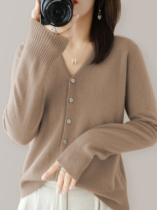 वी-गर्दन ठोस रंग छोटा बुना हुआ कार्डिगन कोट स्वेटर