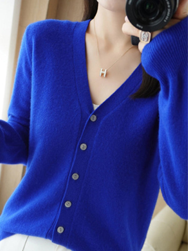वी-गर्दन ठोस रंग छोटा बुना हुआ कार्डिगन कोट स्वेटर