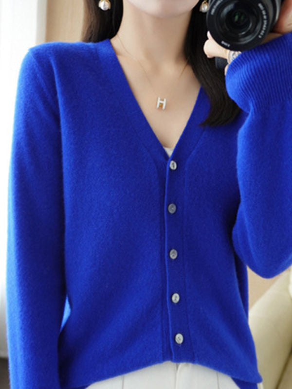 V-neck solid color short knitted cardigan