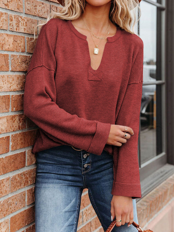 Solid color V-neck with reversed curly edge sweatshirt