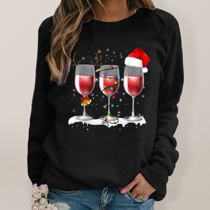 महिलाओं के लिए क्रिसमस रेड वाइन कप मुद्रित लंबी आस्तीन वाली गोल गर्दन हुडलेस स्वेटर