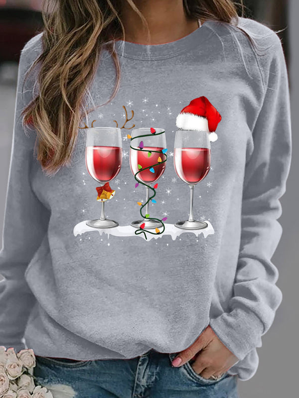 महिलाओं के लिए क्रिसमस रेड वाइन कप मुद्रित लंबी आस्तीन वाली गोल गर्दन हुडलेस स्वेटर