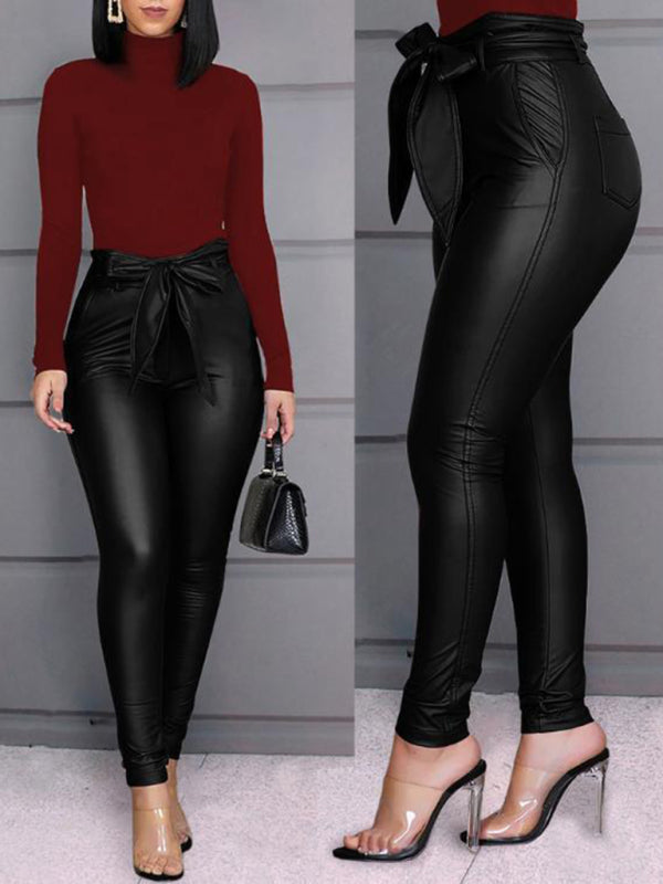 Ladies Casual PU Leather Pants (with Belt)