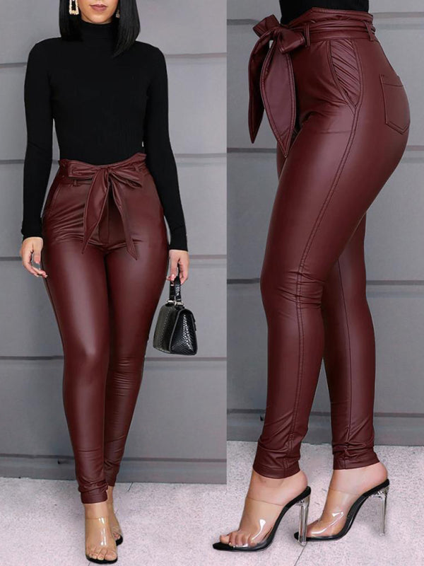 Ladies Casual PU Leather Pants (with Belt)