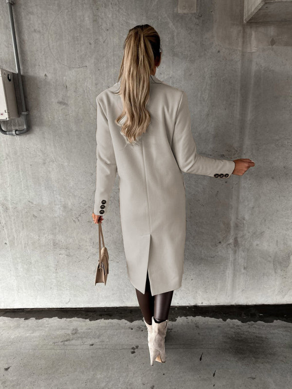 Mid-length elegant women's solid color long-sleeved double-breasted pockets coat