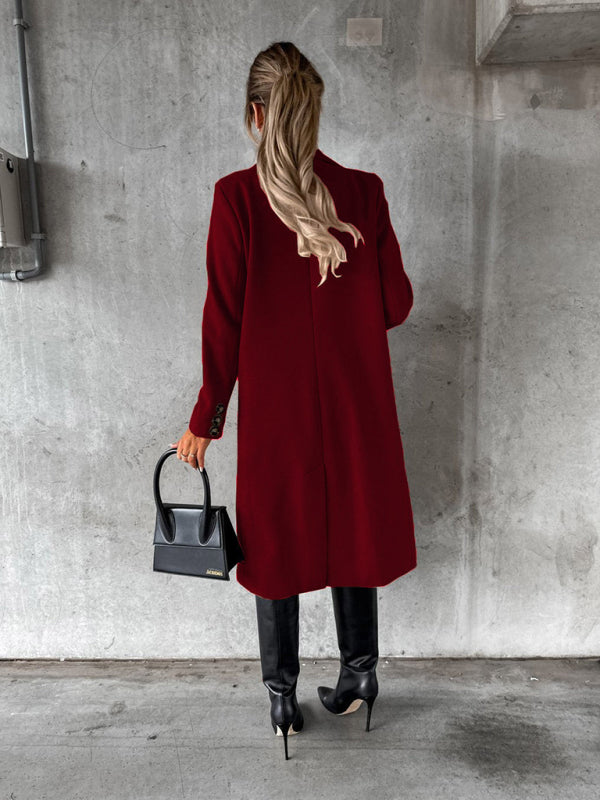 Mid-length elegant women's solid color long-sleeved double-breasted pockets coat
