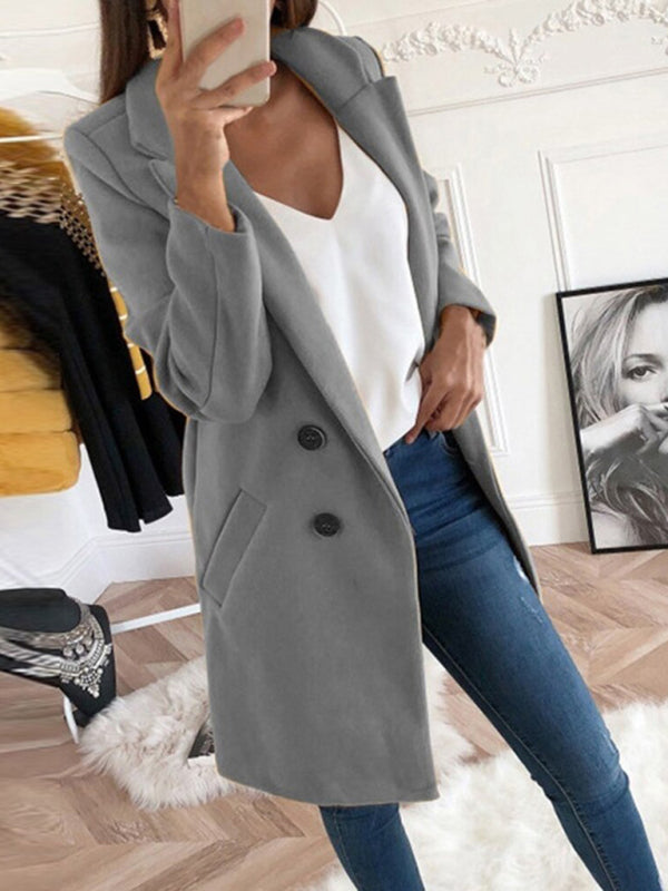 Double-breasted solid color collar slim fit women's windbreaker coat