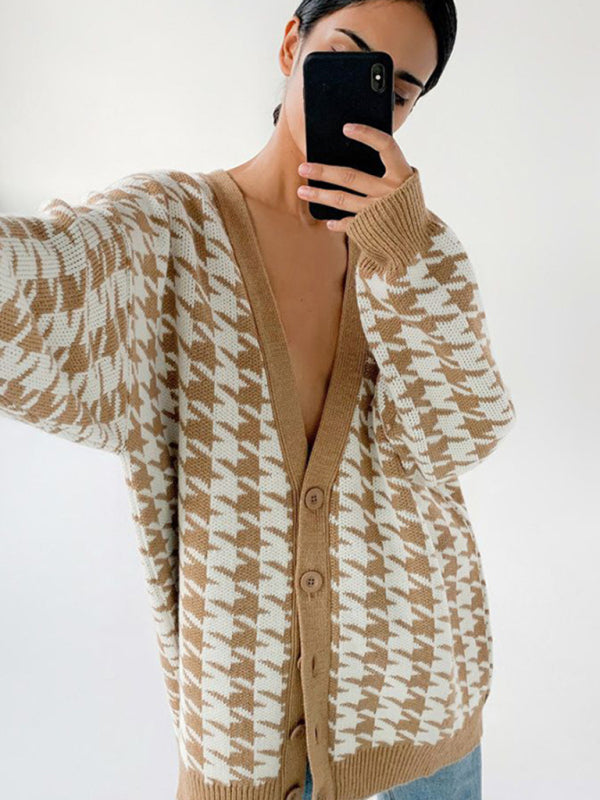 स्वेटर महिलाओं की ढीली वी-गर्दन हाउंडस्टूथ लंबी आस्तीन बुना हुआ कार्डिगन जैकेट रंग विपरीत