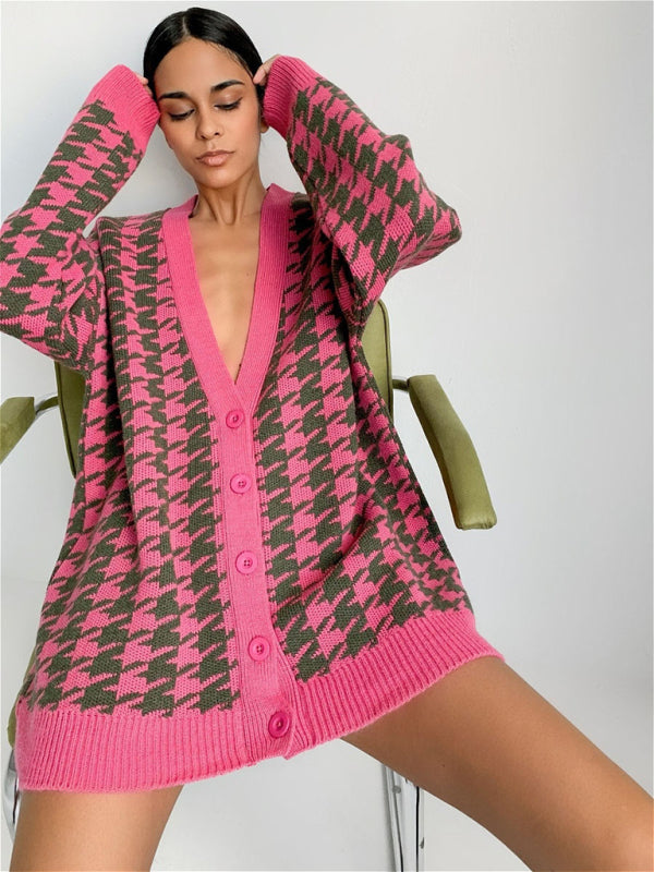 Women's loose V-neck houndstooth long-sleeved knitted cardigan