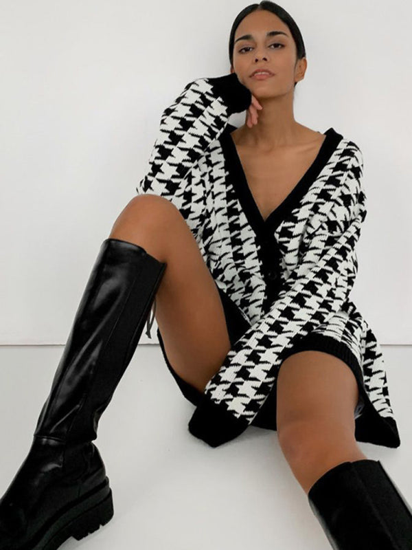 Women's loose V-neck houndstooth long-sleeved knitted cardigan
