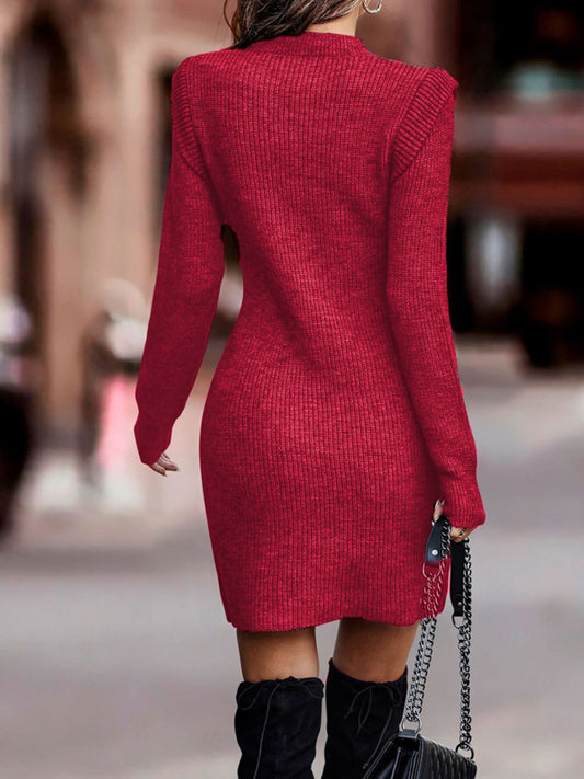 Solid Color Round Neck Long Sleeve Sweater Dress