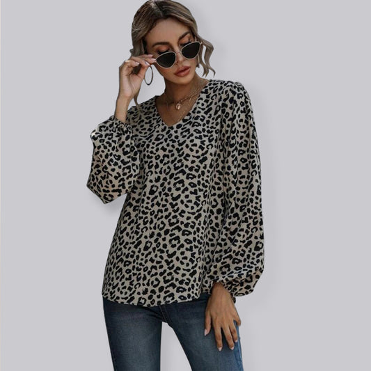 Puff Sleeve Leopard Casual V-Neck Loose Long-sleeved Top