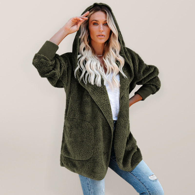 Women's Long Sleeve Casual Hooded Solid Color Plush Jacket