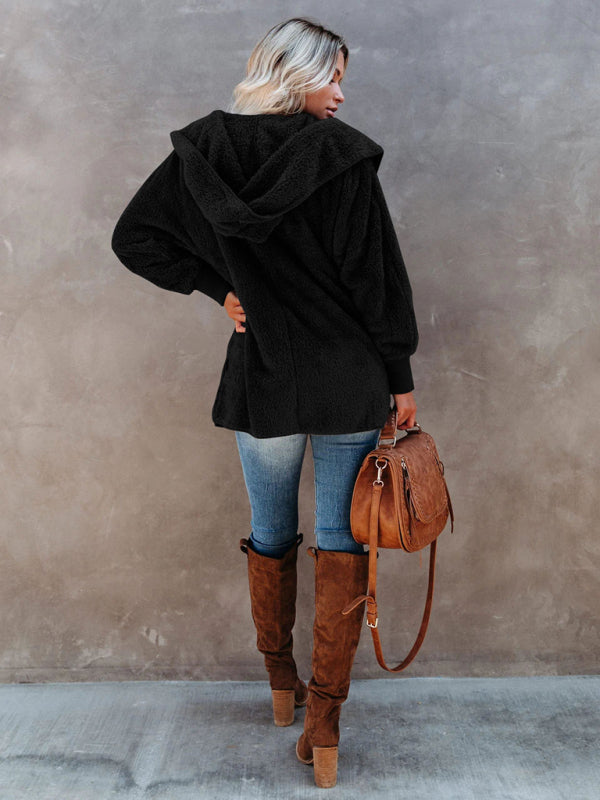 महिलाओं की लंबी आस्तीन वाली जैकेट कैज़ुअल हुड वाली सॉलिड रंग की कार्डिगन आलीशान महिलाएं