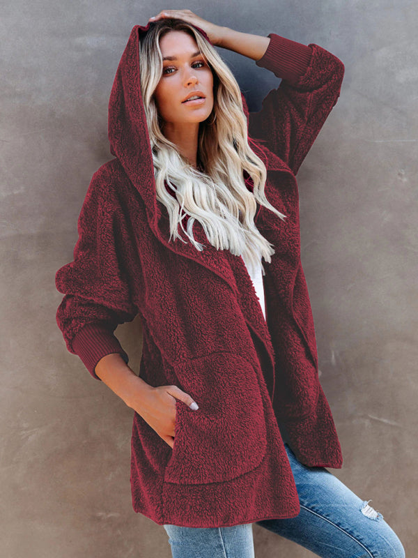Women's Long Sleeve Casual Hooded Solid Color Plush Jacket
