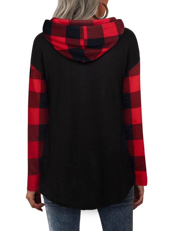 Stitching long-sleeved printed plaid hoodie for women