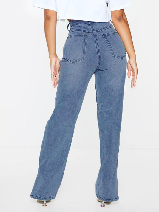 Straight-leg mopping ripped ankle slit flared jeans