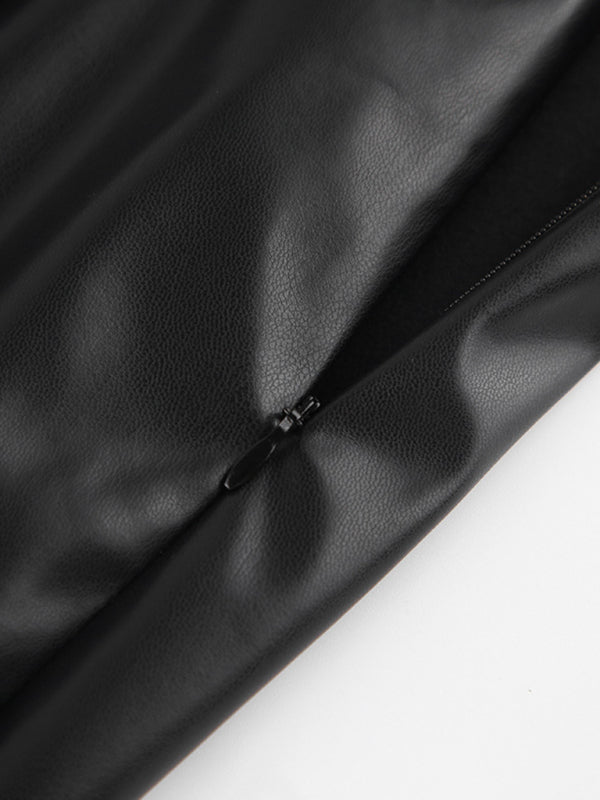 Slit pu leather high waist bag skirt