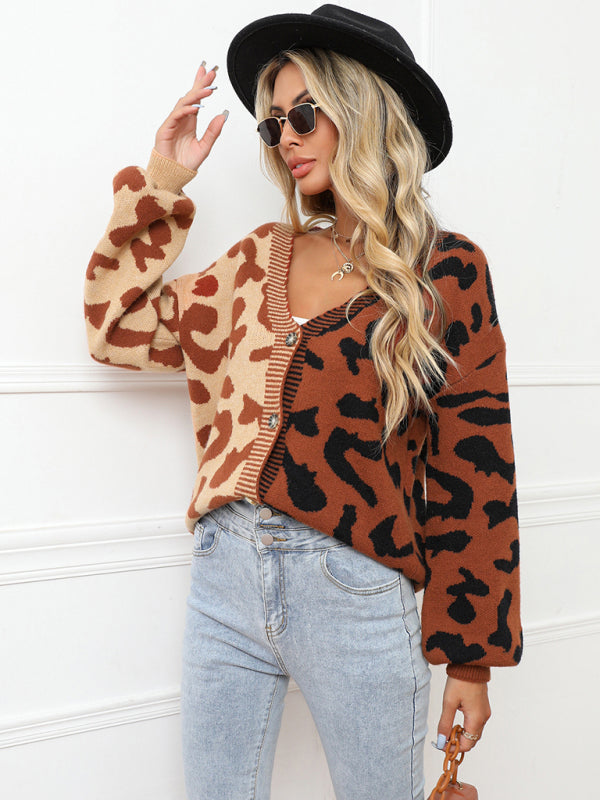 Single Breasted Leopard Print Oversized Knit Cardigan