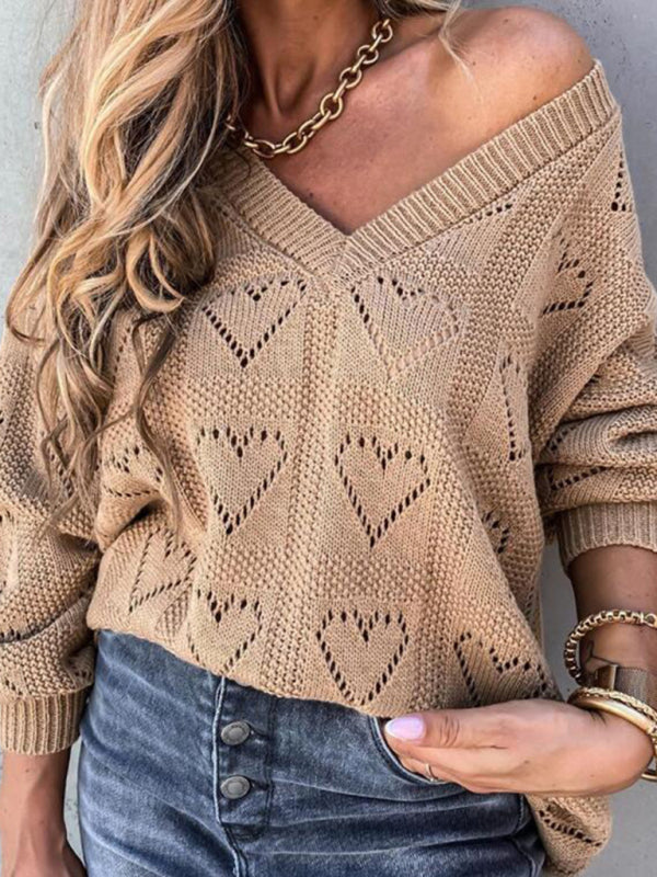 Pullover solid color V-neck heart-shaped hollow loose knitted sweater