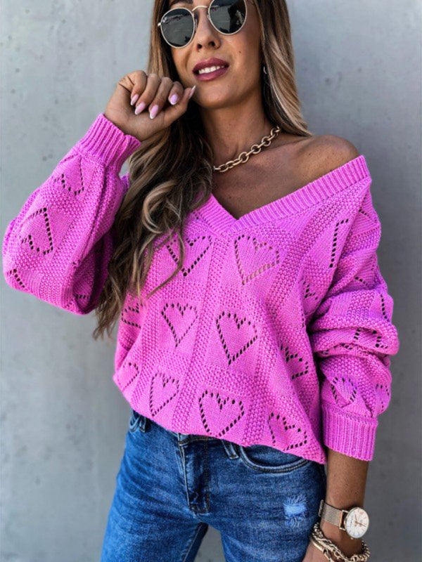Pullover solid color V-neck heart-shaped hollow loose knitted sweater