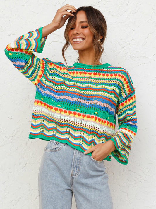 Splicing Knit Loose Intercolor Round Neck Striped Sweater