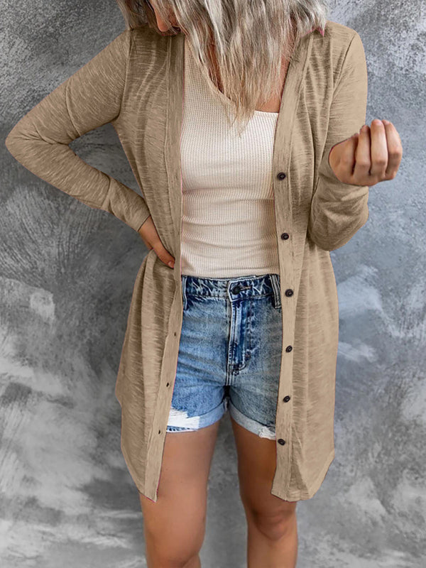 Women's long button solid color casual long-sleeved thin cardigan