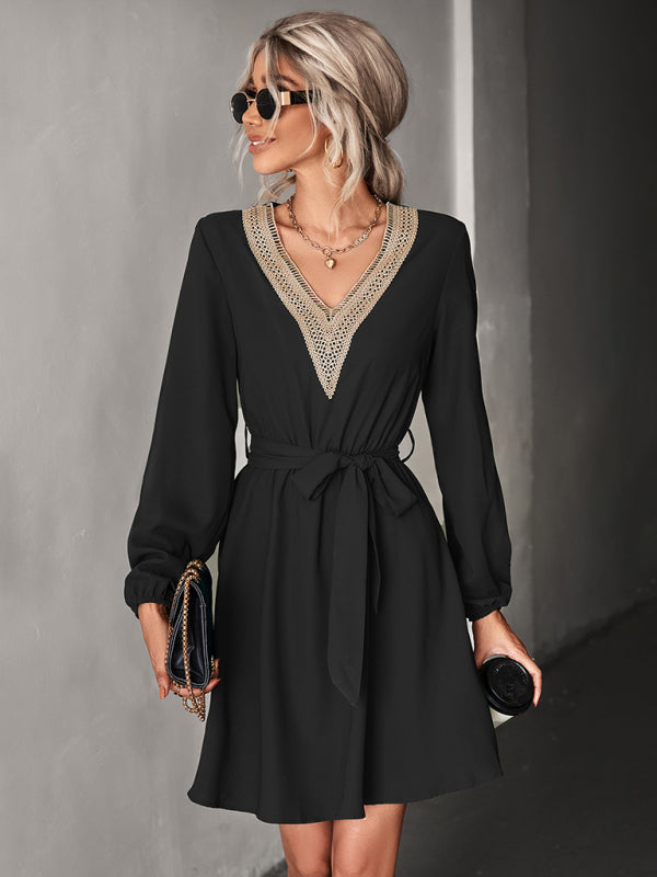 V-neck lace long-sleeved dress