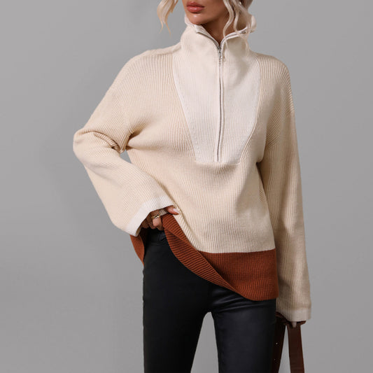 Pullover Color Block Knit Long Sleeve Zippered Sweater