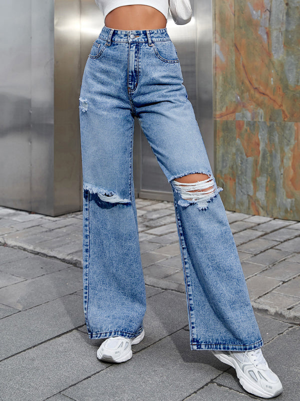 Women's ripped high waist wide leg casual jeans