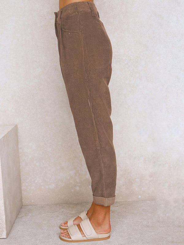 High Waist Solid Color Corduroy Loose Straight Leg Trousers